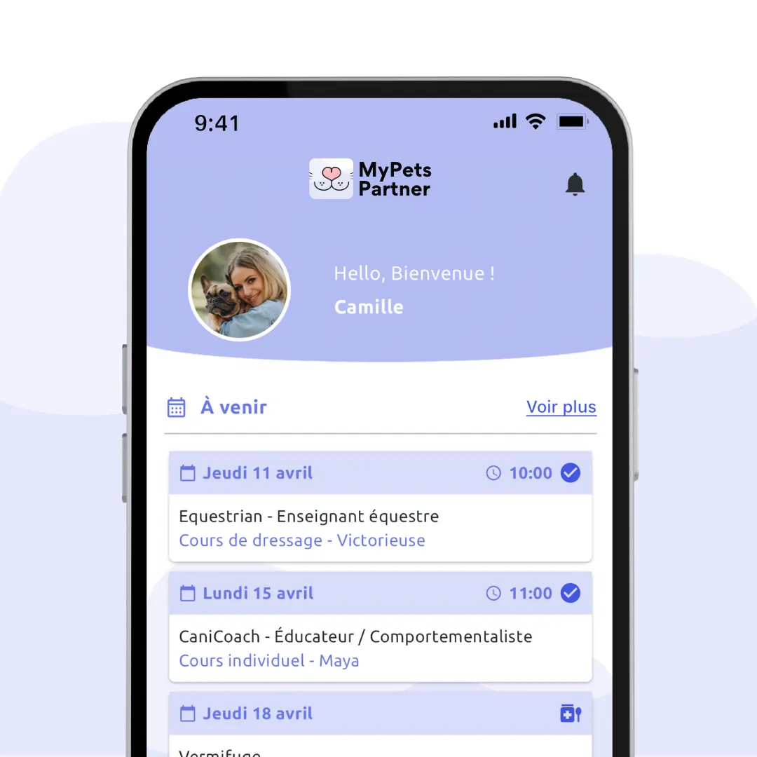Accueil de l'application MyPets Partner avec les prochains rendez-vous