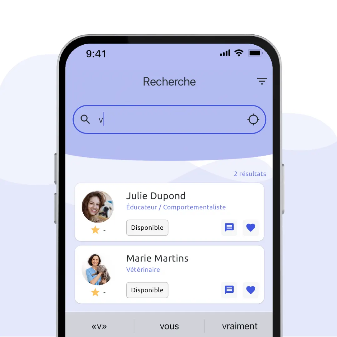 Recherche de professionnels dans l'application MyPets Partner