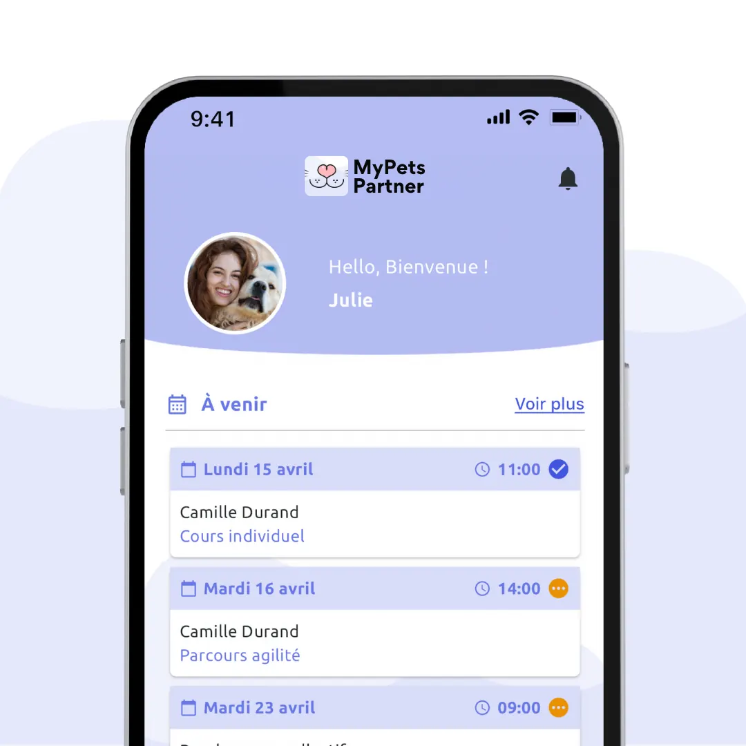Accueil professionnel de l'application MyPets Partner avec les rendez-vous du jour