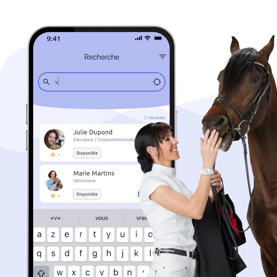 Profils de professionnels dans la recherche de l'application MyPets Partner
